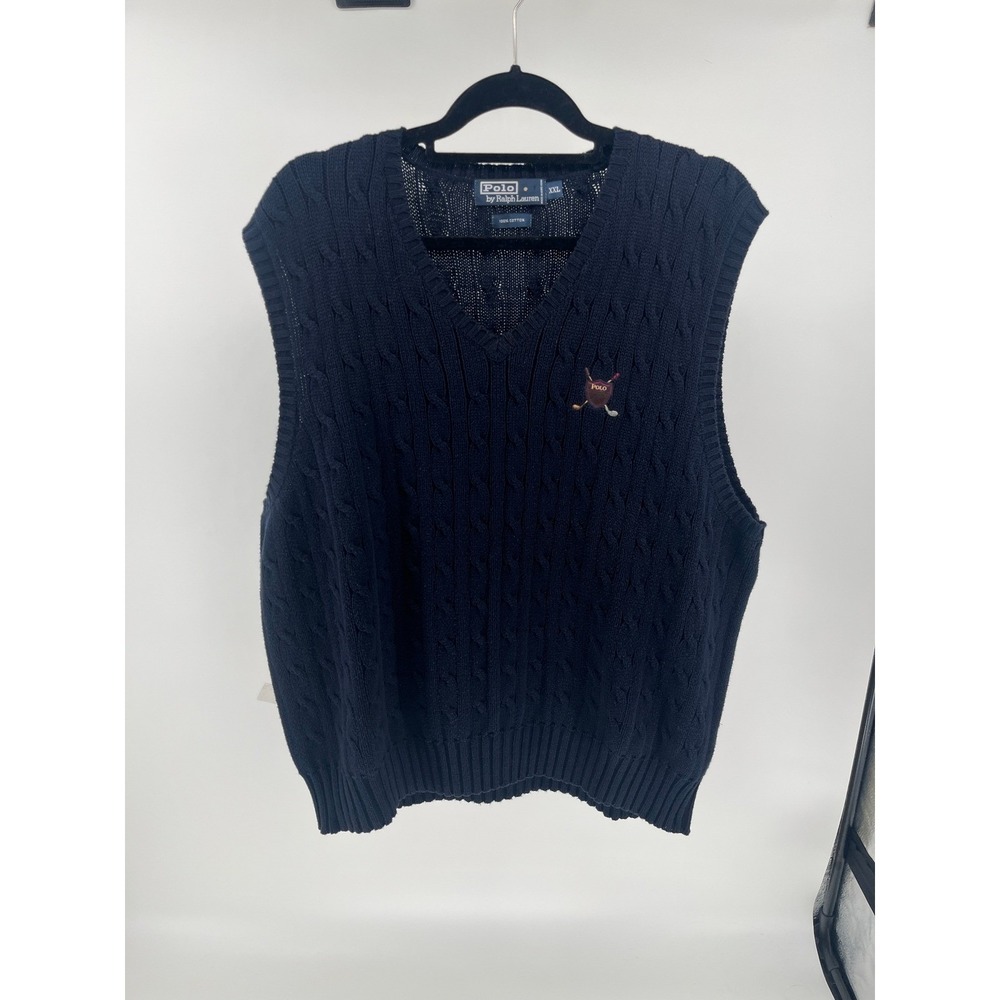Polo Ralph Lauren Men Vest XXL Navy Blue Cable Knit V Neck Embroidered Golf Logo
